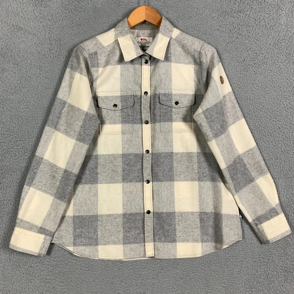 Fjallraven Canada Shirt Womens Large Fog/Chalk White Check Flannel Wool Trekking